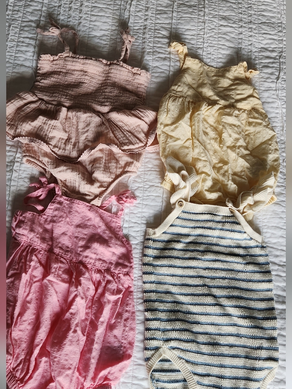 4-Piece Baby Girl Romper Bundle in Pink, Blush, Yellow & Striped Cream/Blue